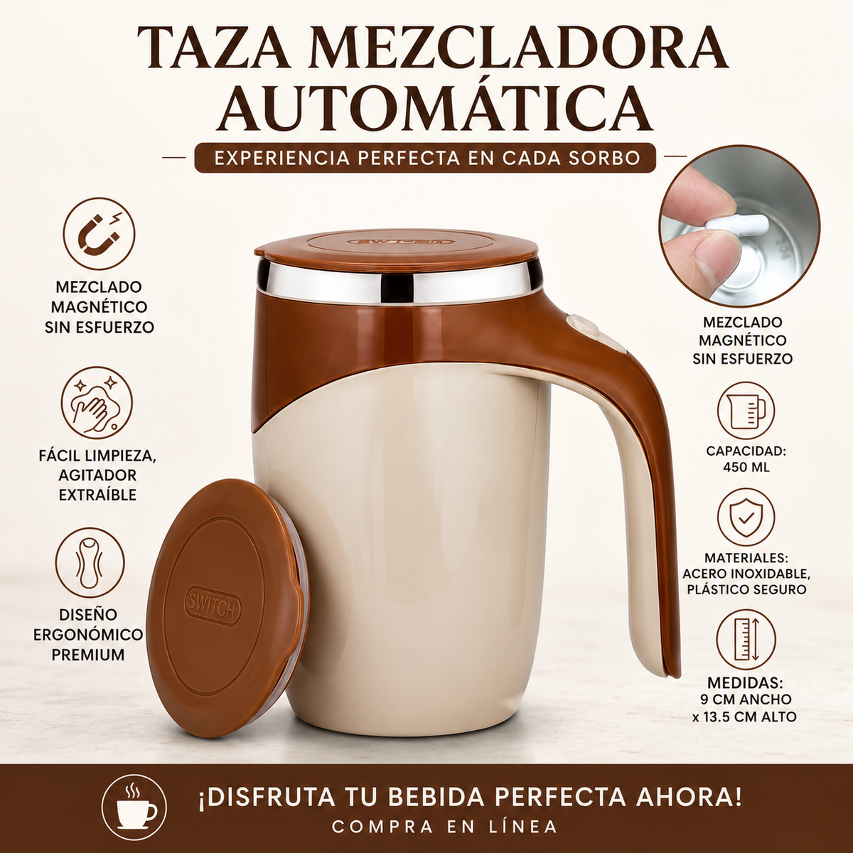 Taza Mezcladora Magnética — Mezcla Perfecta en 1 Toque
